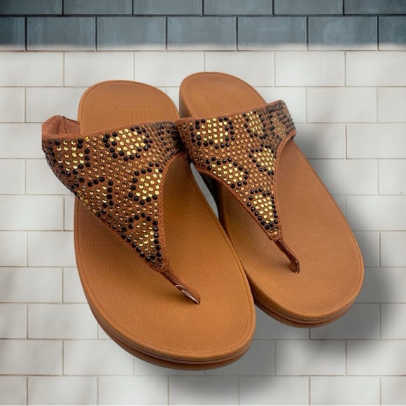 FitFlop Women's Lulu Crystal Leopard Toe-Post Sandals Size 7 - Picture 13 of 14